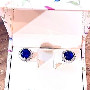 Lab made, Sapphire, Diamond, Round, Stud Earrings, Sterling Silver, New in Box!